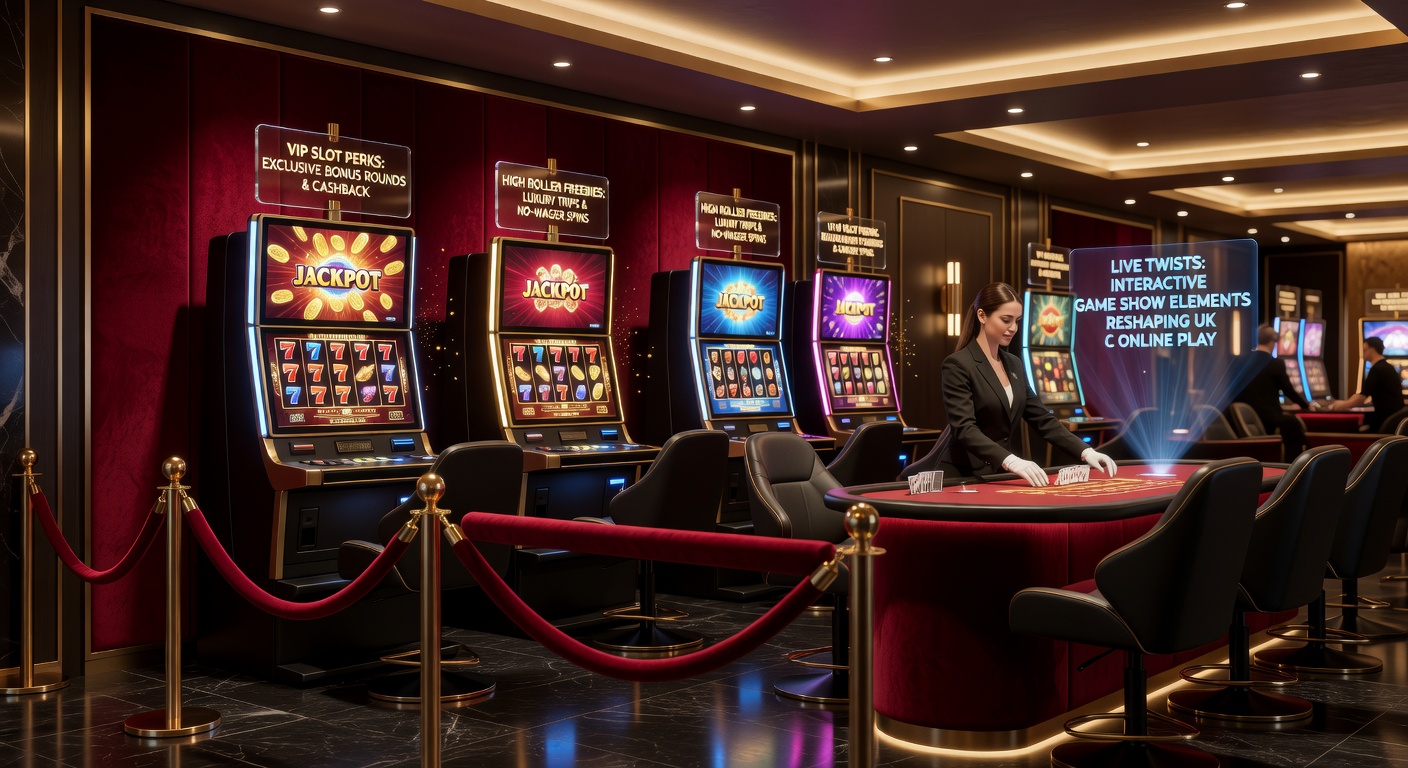 Dynamic scene of a live dealer hosting a high-stakes slot tournament via video stream, with VIP players interacting on screens amid glittering casino lights