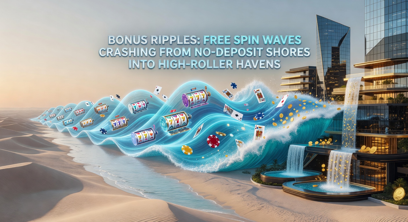 Vibrant digital waves of free spins originating from no-deposit offers, expanding outward to symbolize progression toward high-roller rewards in online slots