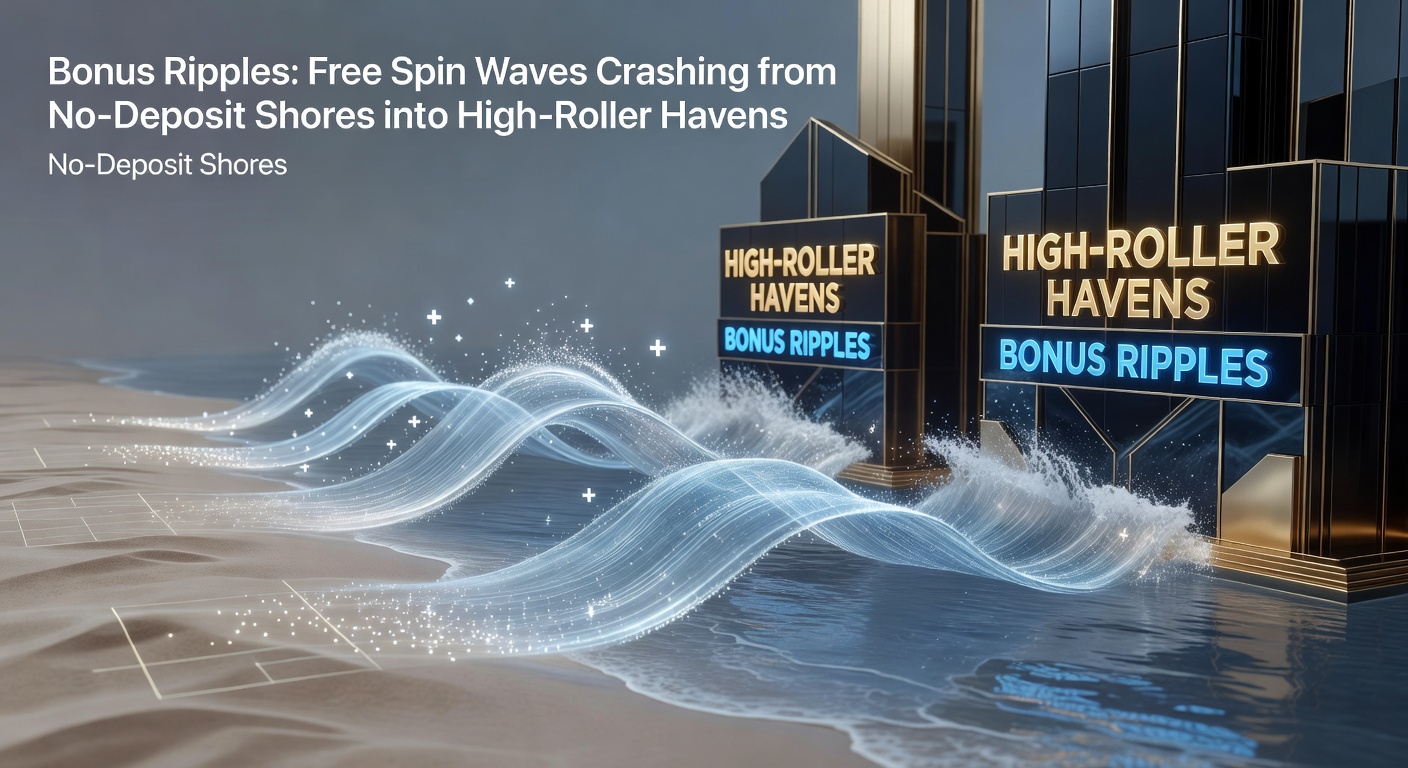 Dynamic graphic depicting escalating bonus waves from no-deposit free spins transitioning into cascading high-roller perks and VIP exclusives