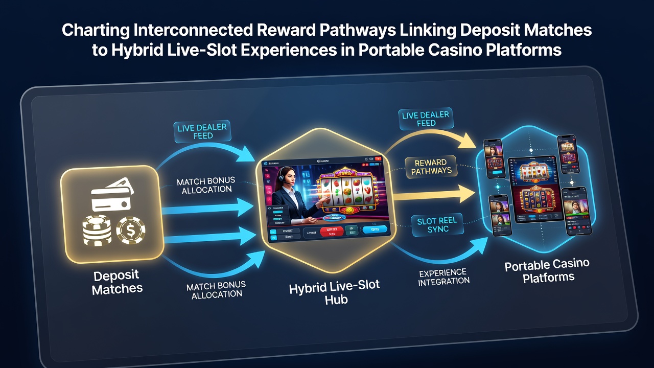 Diagram illustrating reward pathways connecting deposit matches to hybrid live-slot features on mobile platforms