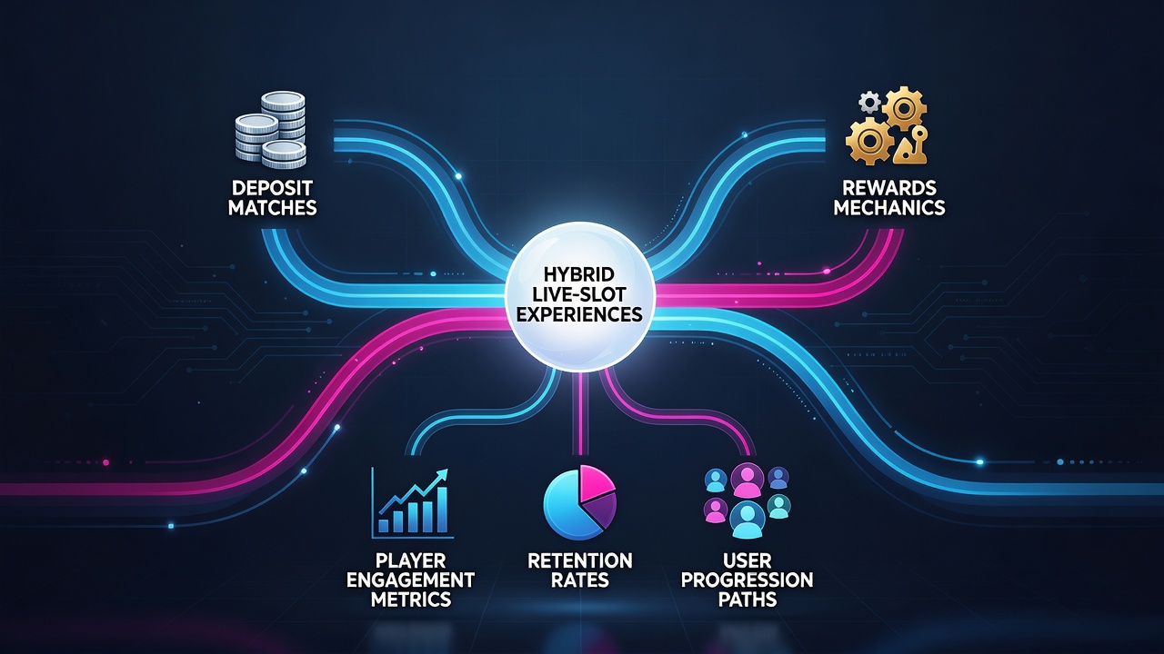 Mobile screen showing interconnected deposit match rewards flowing into hybrid live-slot gameplay