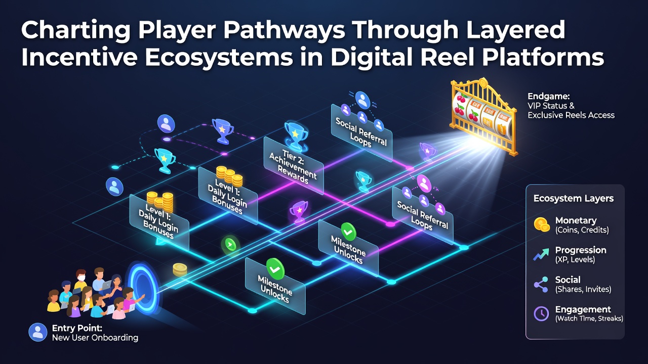Diagram showing layered incentive pathways in digital reel platforms with player progression routes