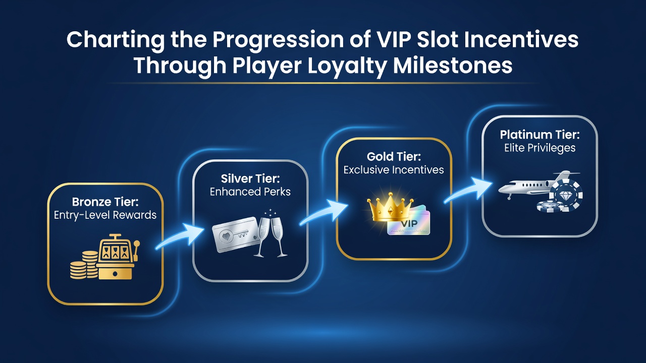 Illustration of slot game loyalty progression showing tiered VIP rewards and player milestones