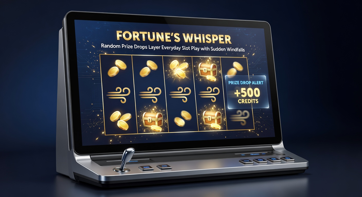 Dynamic screenshot of a random cash prize dropping onto slot reels during a regular spin, with exploding coins and win notifications highlighting the surprise element