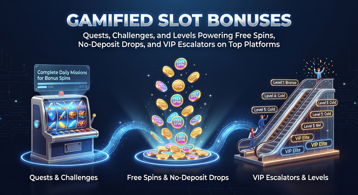 Vibrant slot game screen showing a quest progress bar, levels unlocking free spins, and challenge icons amid colorful reels and treasure chests