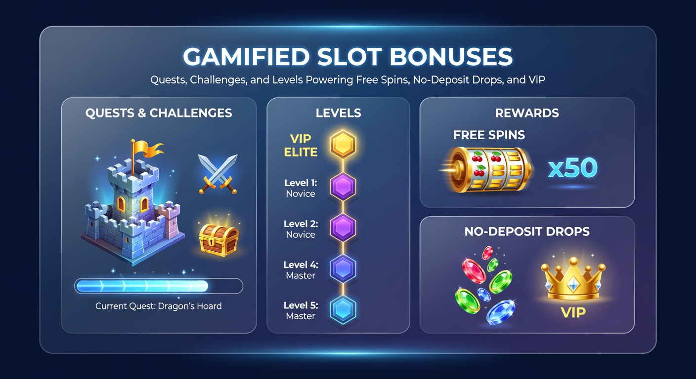 Dynamic illustration of a slot player advancing through gamified levels, with quest maps, challenge badges, VIP escalator stairs leading to free spin vaults and treasure