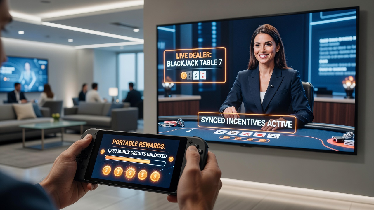 Live dealer studio view with mobile player statistics and incentive tracking dashboard visible on connected devices