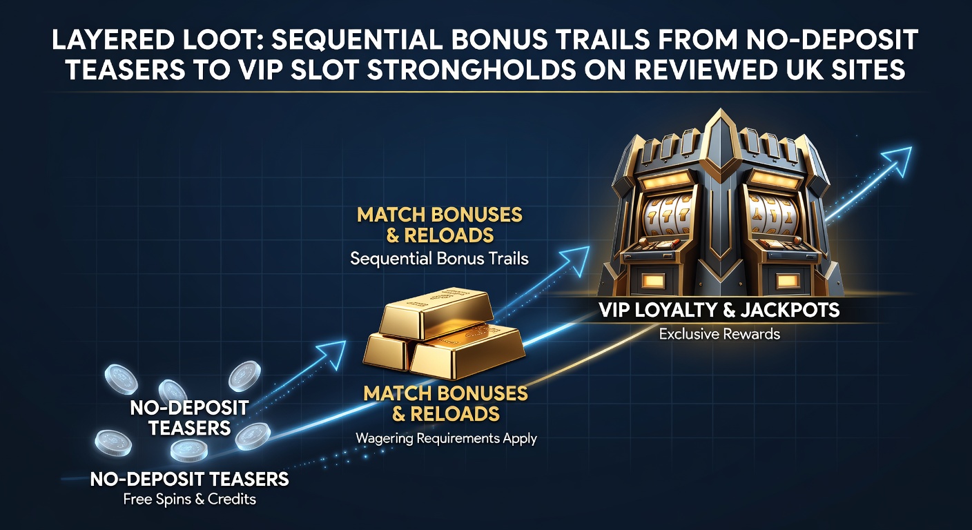 Illustration of a glowing bonus ladder ascending from free spin icons at the base to luxurious VIP slot vaults at the top, symbolizing progression in UK online casinos