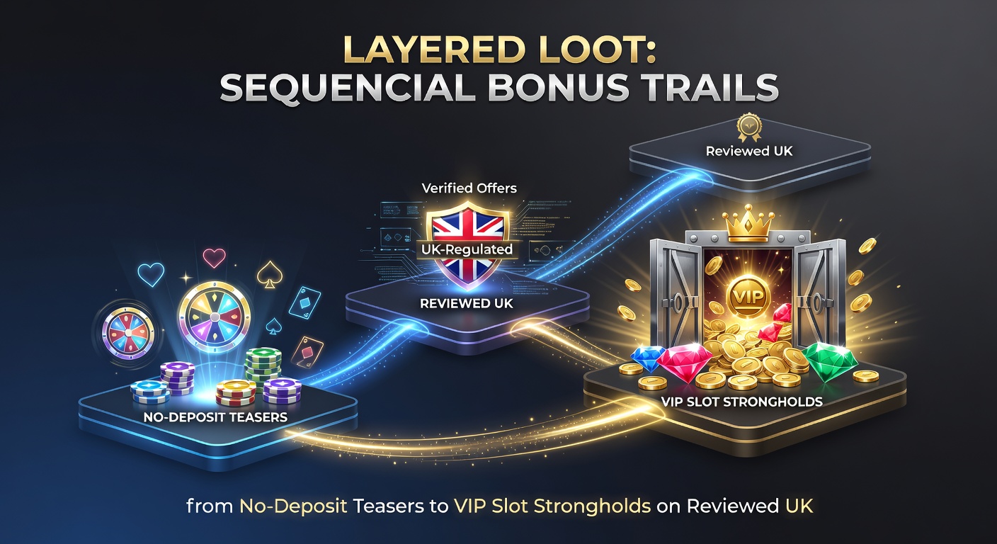 Dynamic graphic depicting a player's progression map through bonus levels, from no-deposit entry to VIP stronghold with treasure chests and slot reels along the path