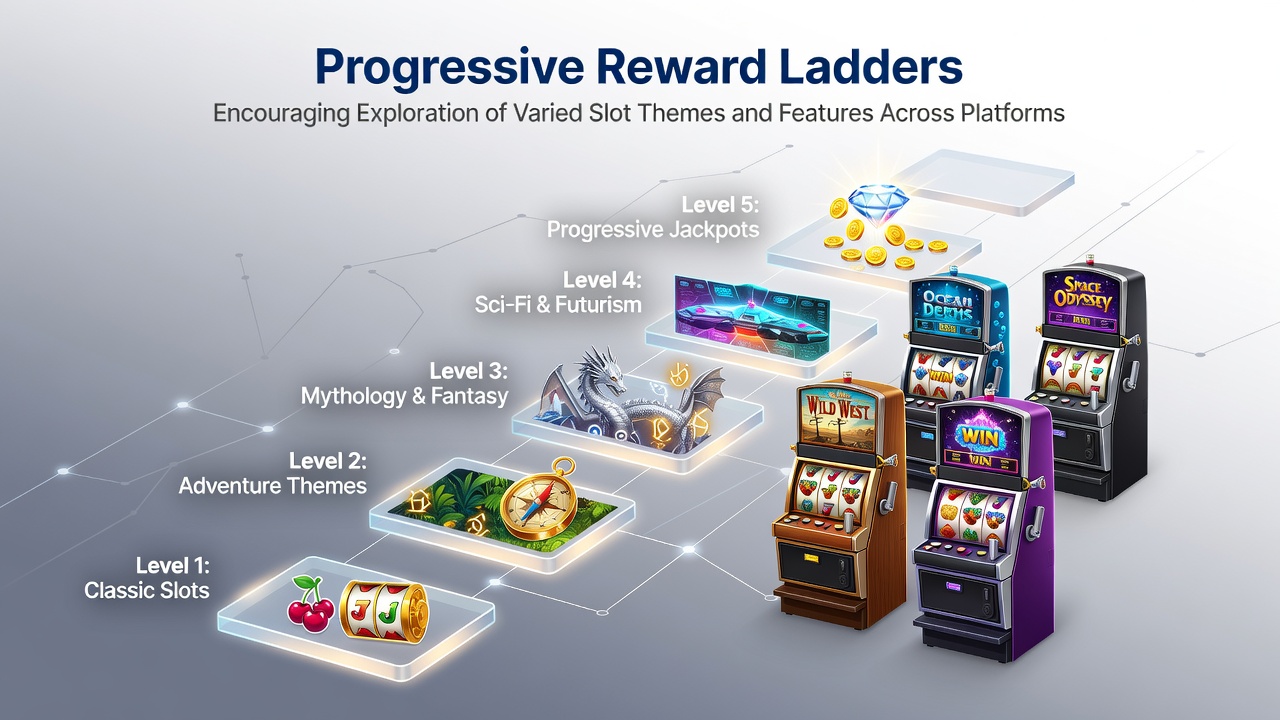Players navigating different slot themes through tiered reward interfaces on desktop and mobile platforms