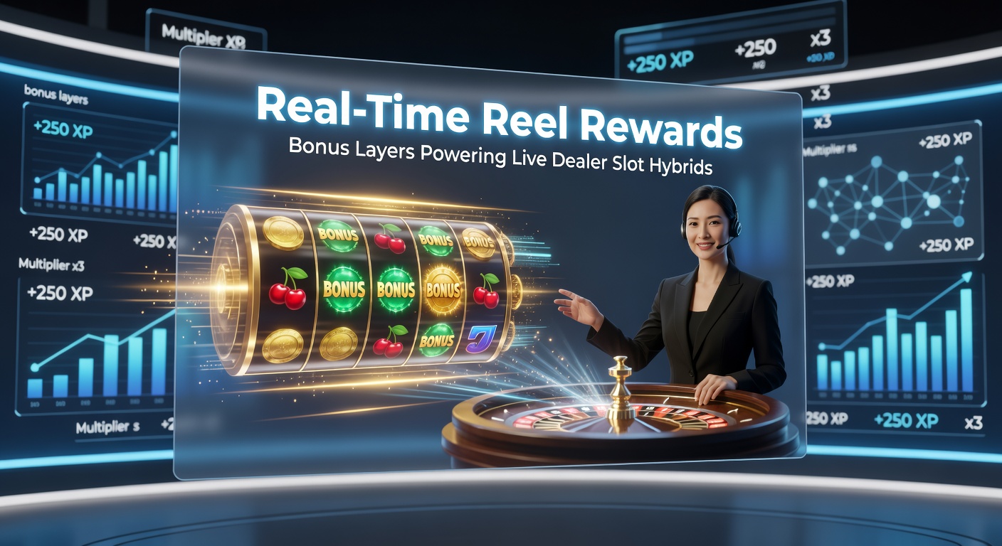 Vibrant live dealer slot hybrid interface showing spinning reels alongside a real dealer at a table, with glowing real-time bonus layers activating mid-spin