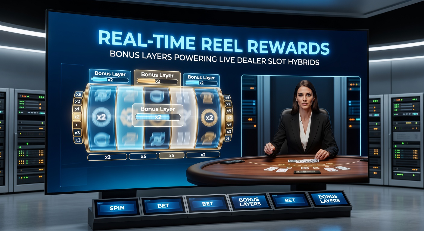 Close-up of a live dealer announcing a real-time bonus layer activation in a slot hybrid game, with holographic reels expanding and reward meters filling dynamically