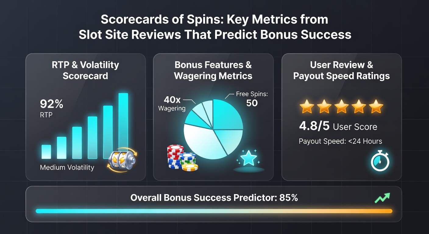 Digital scorecard displaying key slot bonus metrics like wagering requirements, RTP rates, and review ratings on a vibrant casino interface