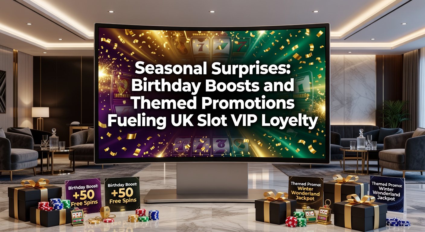 Vibrant slot machine display featuring birthday cake icons and festive seasonal promotions lighting up a VIP loyalty screen