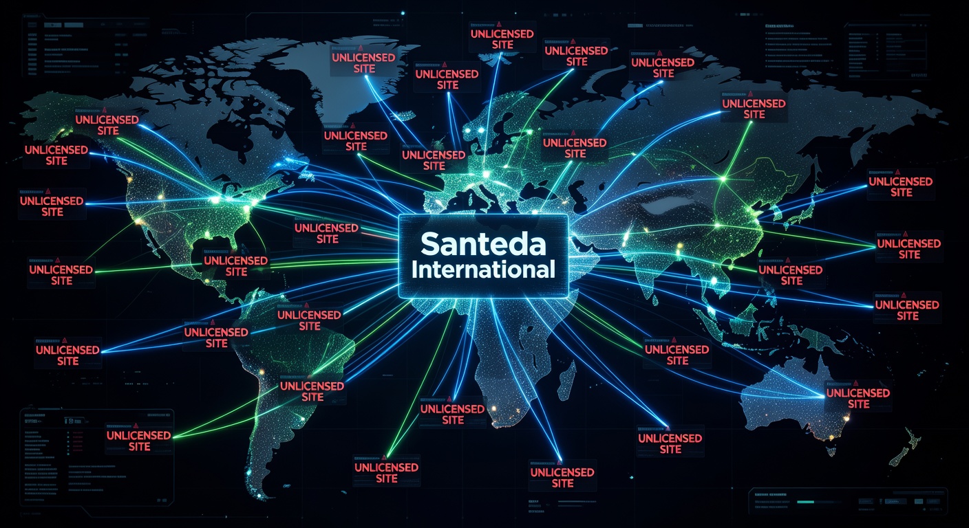 Graph overlay on a map highlighting UK traffic flows to offshore casino sites, with icons of slot machines and warning flags over Curaçao and Georgia