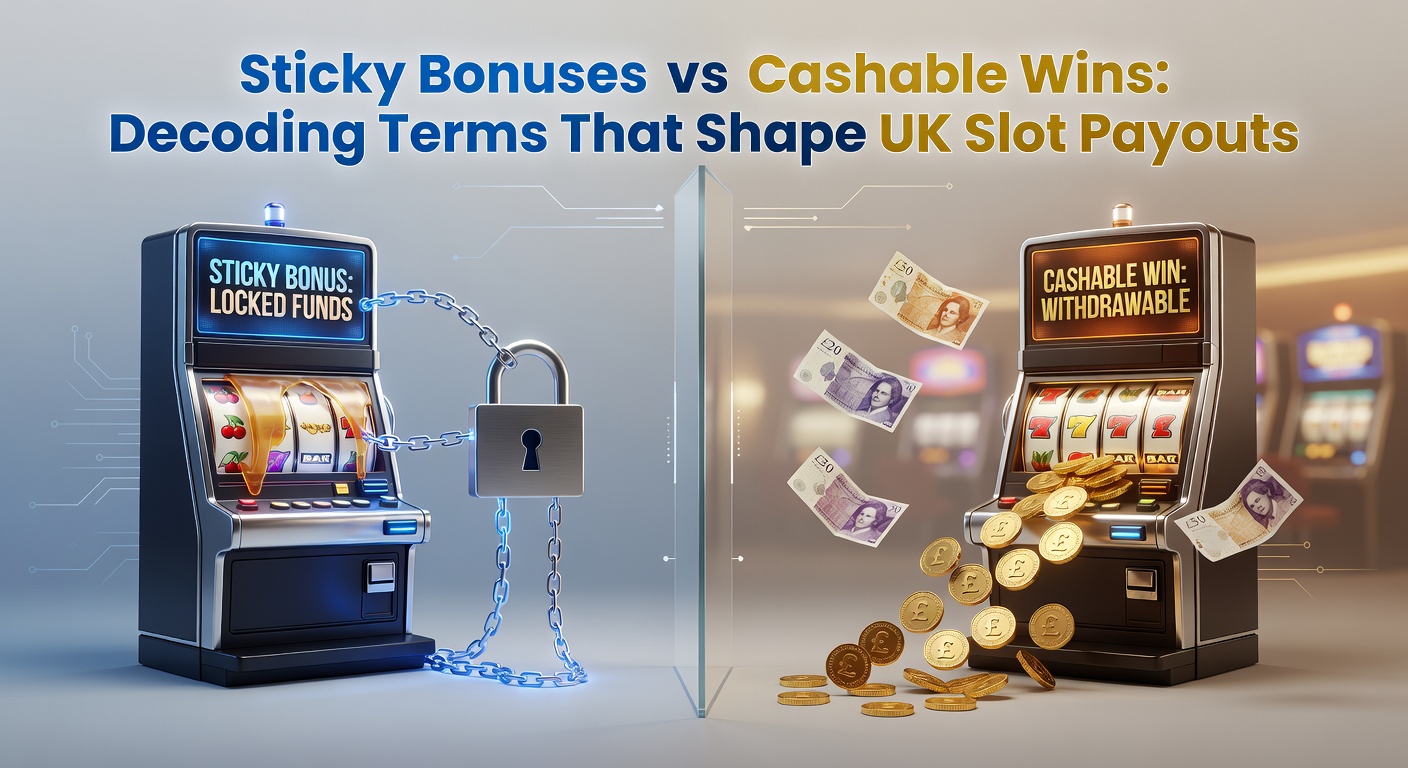 Illustration of slot machine reels with bonus icons splitting into sticky and cashable categories, highlighting payout differences