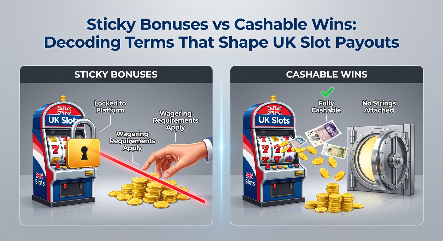 Comparative chart graphic showing sticky bonus locked icon versus cashable win open vault, with UK slot payout arrows flowing outward