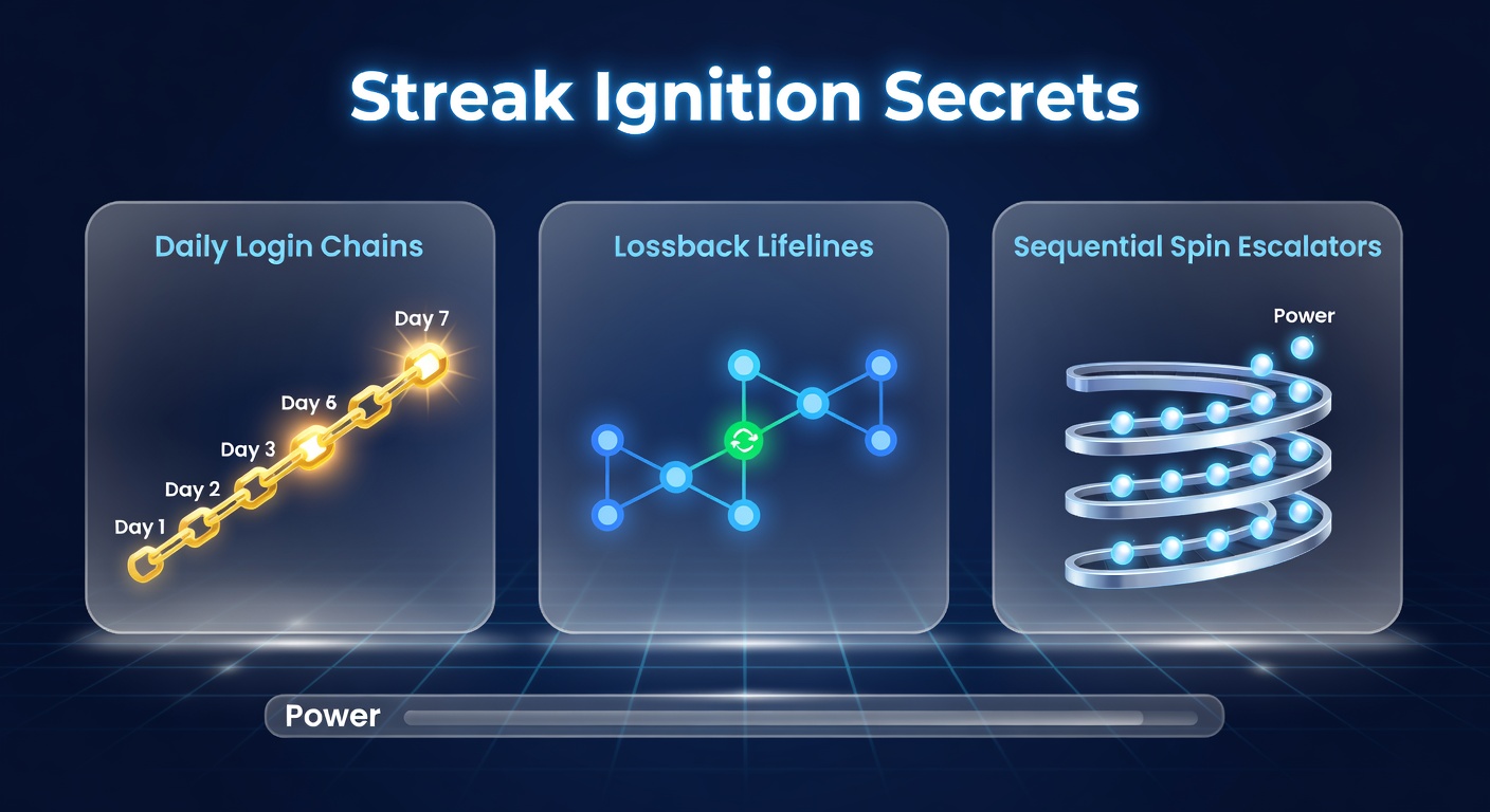Dynamic graphic depicting an escalator rising through spinning reels, with lossback icons and streak meters illustrating reward progression in slot games