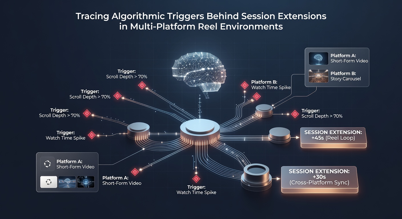 Diagram showing algorithmic pathways that extend user sessions across mobile and desktop reel platforms
