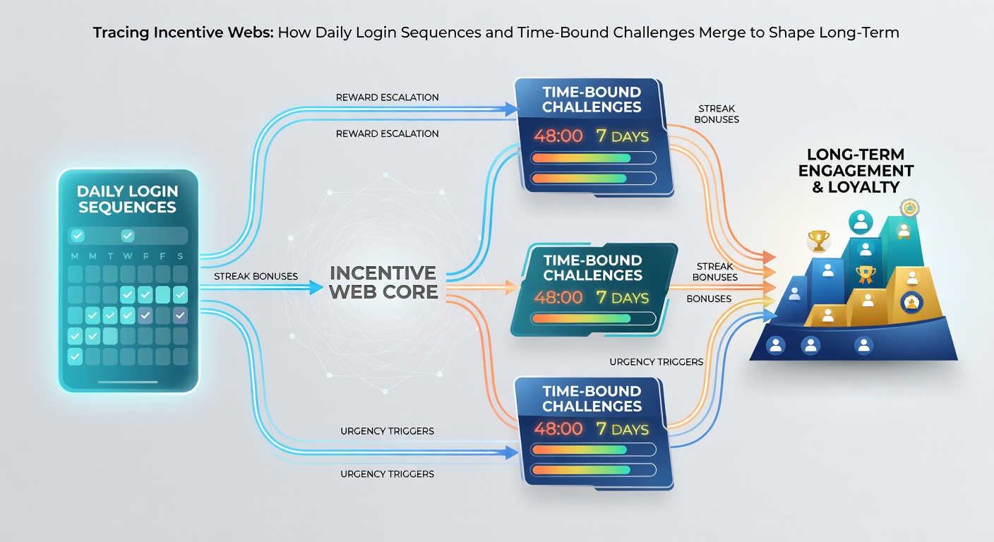 Illustration of interconnected incentive system showing daily streaks linking into timed event challenges on mobile slot dashboard