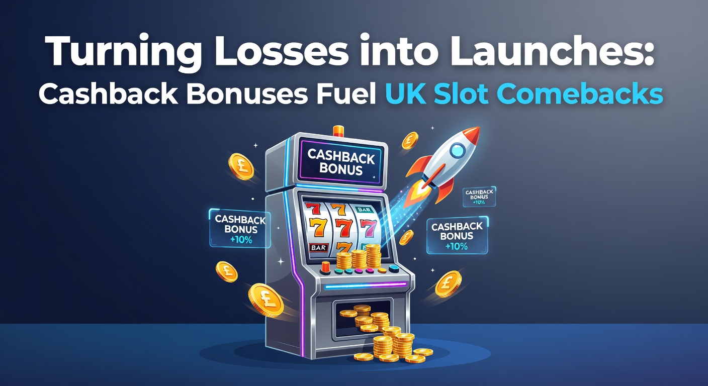 Graphic showing a slot machine transforming losses into cashback rewards with upward arrows and coin launches