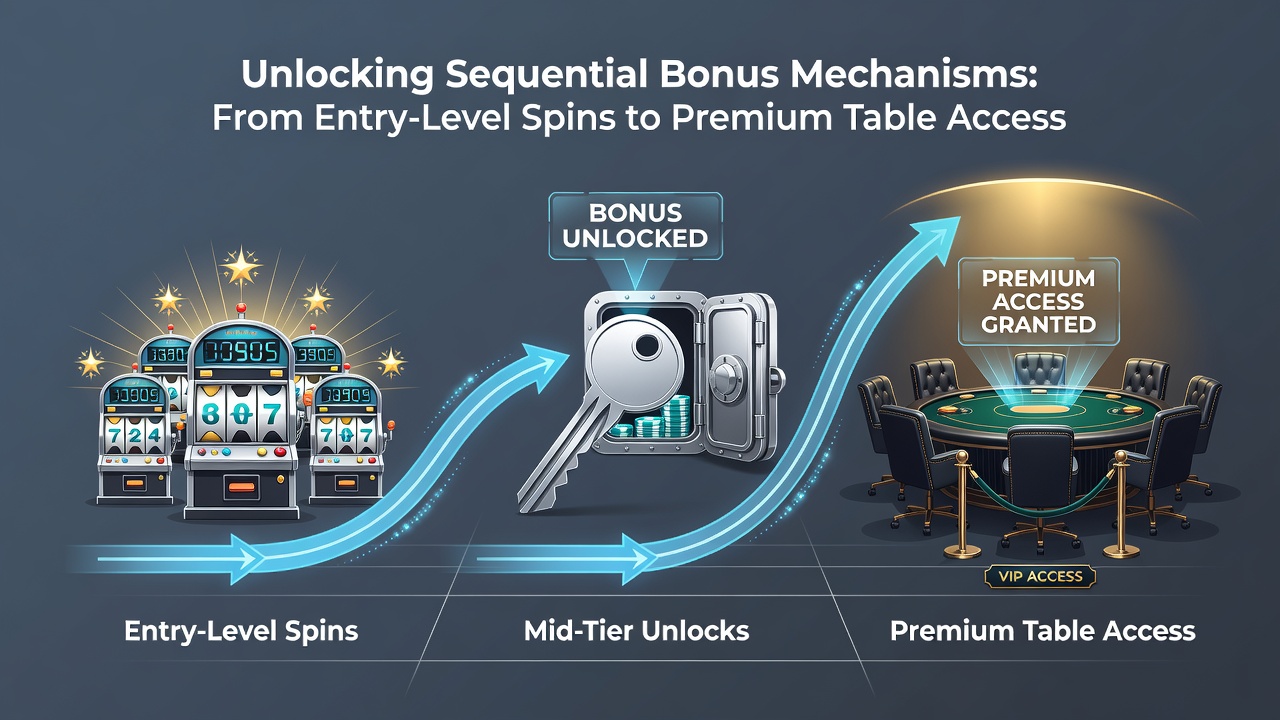 Illustration of tiered bonus progression leading to VIP table privileges with icons representing spins, deposits, and exclusive access