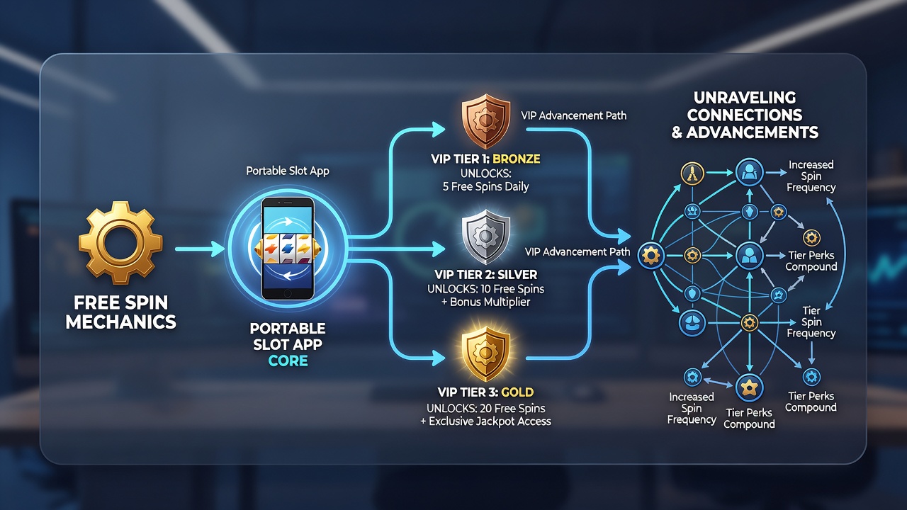 Infographic illustrating data flow from free spins to VIP tier points in mobile slot applications