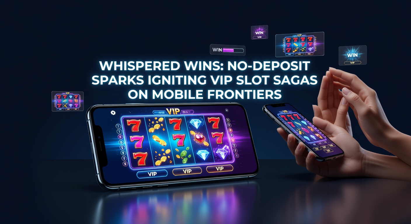 Mobile phone screen displaying vibrant slot reels with no-deposit bonus notifications and VIP ladder progression